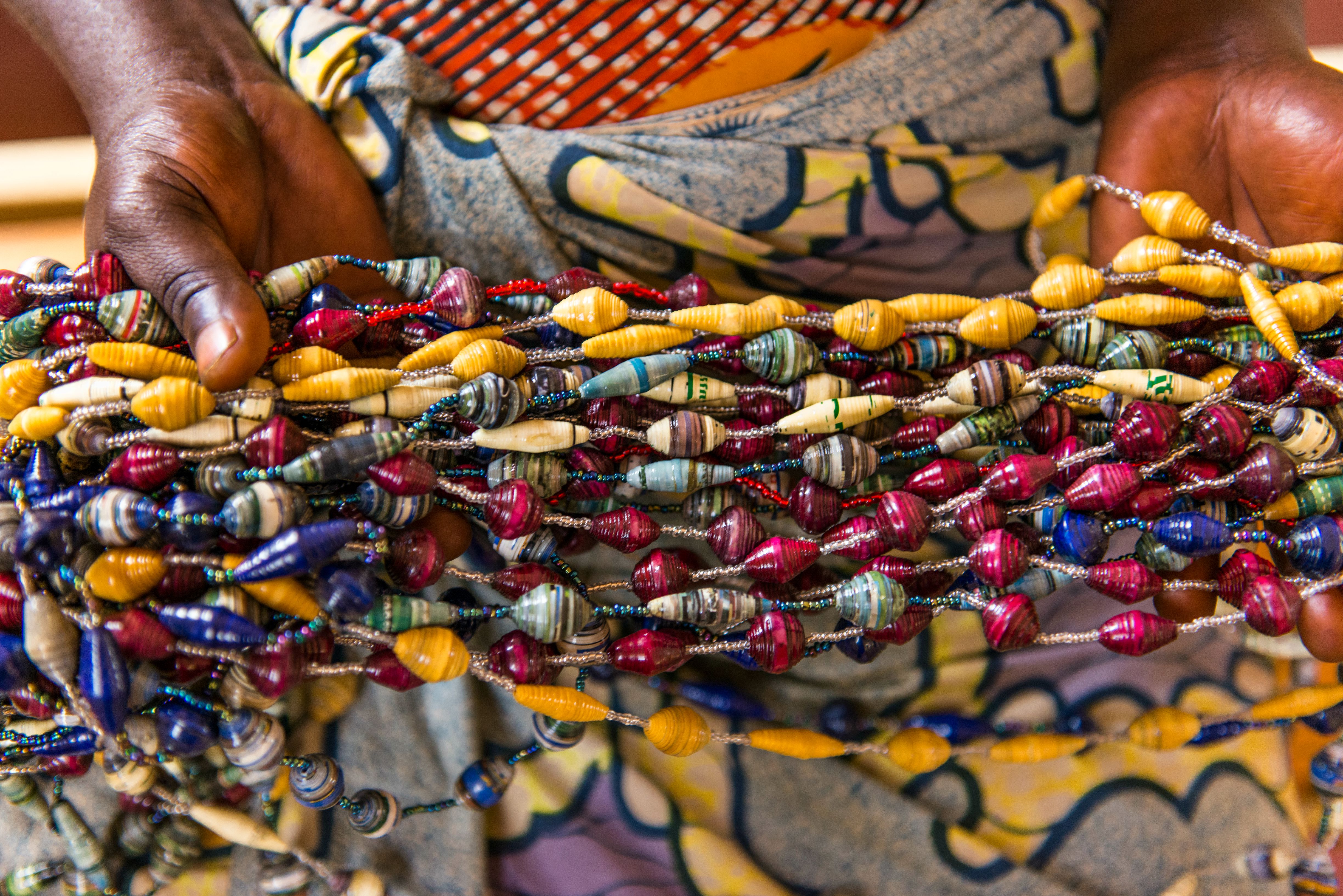 Beaded necklaces made by members of the Agaseke Vision Cooperative