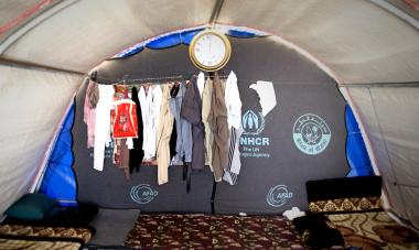 The inside of a refugee tent at Khanke Camp