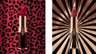 Two images of Charlotte Tilbury lipstick bullets against dynamic patterned backgrounds