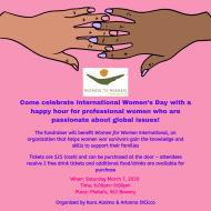 Pink flyer with hands on top, advertising an event to fundraise for Women for Women International at a bar in NYC