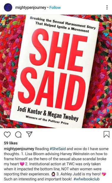 Reading #SheSaid and wow do I have some thoughts. 1. Lisa Bloom advising Harvey Weinstein on how to frame himself as the hero of the sexual abuse scandal broke my heart 💔 2. Institutional action at TWC was only taken when it impacted the bottom line, NOT when women were reporting their experiences. 🤦🏻‍♀️ 3. Ashley Judd is my hero! 💖 Such an interesting and important book!
