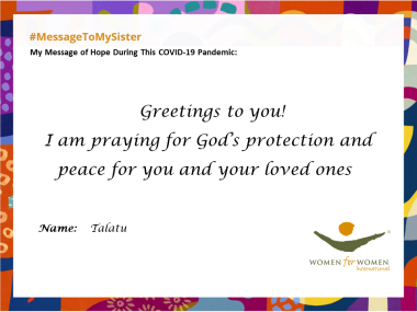 "Greetings to you! I am praying for God's protection and peace for you and your loved ones."