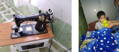 Image of Sazgar's sewing machine and then of her son being fed while in bed