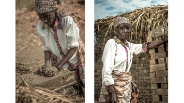 Two images of a woman, Nankafu. The first image is her creating a brick out of mud. The second is her standing next to a building of built with bricks they made. Photo credit: Ryan Carter