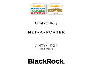 Partner logos: People's Postcode Lottery, Postcode Equality Trust, Charlotte Tilbury, Net-a-Porter, The Jimmy Choo Foundation, BlackRock
