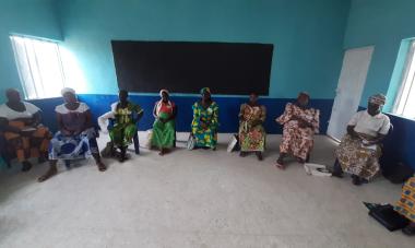 Saratu and her group practice social distancing during a COVID-19 awareness session