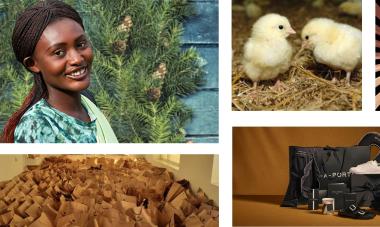 Collage of images from throughout the article, such as a participant of the program, chicks, lipstick, hygiene kits, and net-a-porter bags; Photo credits: Image of a woman from Rwanda in bright clothing in front of a wreath; Photo credit: Mark Darrough, Charlotte Tilbury, NET-A-PORTER