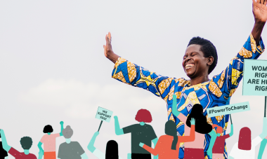 Woman with her arms outstretched behind illustrations of women clamoring for change