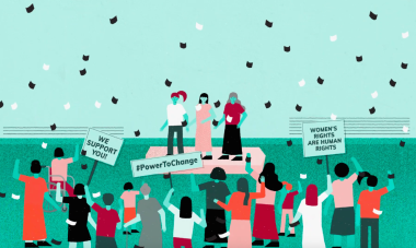 Illustration of three women standing on a podium surrounded by women cheering and supporting each other, with signs that read "We Support You!" "Power to Change" and "Women's Rights are Human Rights"