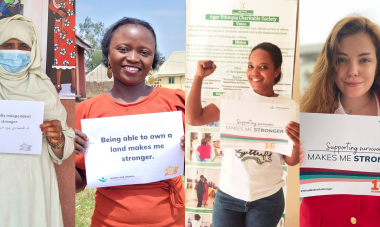 Four participants of WfWI's 16 Days of Activism campaign holding #WhatMakesMeStronger placards.