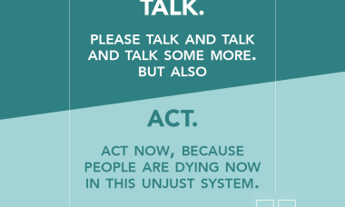 Book Club Quote - "Talk. Please talk and talk and talk some more. But also act. Act now, because people are dying now in this unjust system."
