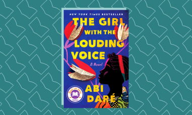 Book cover of The Girl with the Louding Voice in front of a teal field of book illustrations