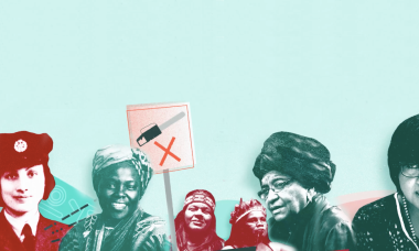 Women's History Month graphic, featuring Noor Inayat Khan, Wangari Maathai, women of the Guajajara tribe including Sonia Guajajara, Ellen Johnson Sirleaf, and Miriam Coronel-Ferrer
