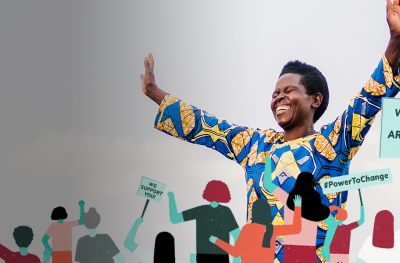 Woman with her arms outstretched behind illustrations of women clamoring for change