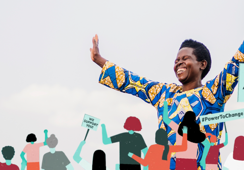 Woman with her arms outstretched behind illustrations of women clamoring for change